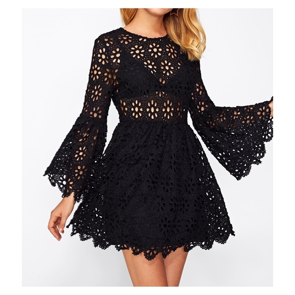 MBM Unlimited Dresses & Skirts - Black Trumpet Sleeve Eyelet Lace Dress